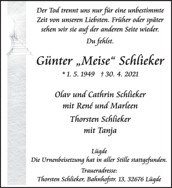 Traueranzeige von Günter  Schlieker von Deister- und Weserzeitung