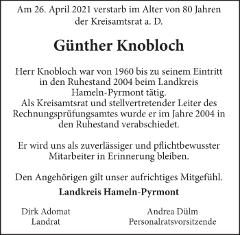 Traueranzeige von Günther Knobloch von Deister- und Weserzeitung