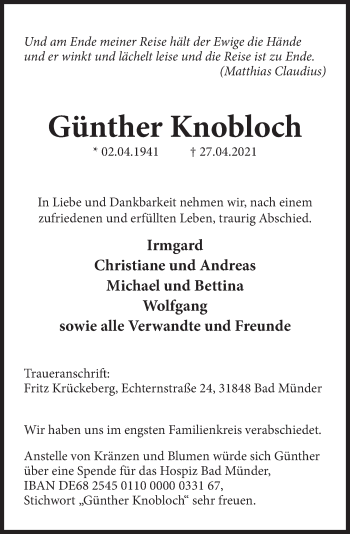 Traueranzeige von Günther Knobloch von Deister- und Weserzeitung