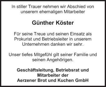 Traueranzeige von Günther Köster von Deister- und Weserzeitung