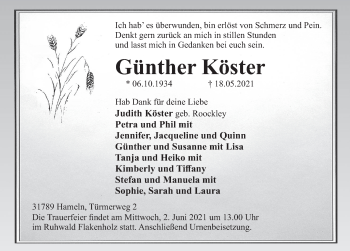 Traueranzeige von Günther Köster von Deister- und Weserzeitung