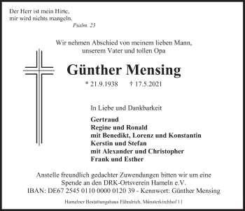 Traueranzeige von Günther Mensing von Deister- und Weserzeitung