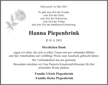 Traueranzeige von Hanna Piepenbrink von Deister- und Weserzeitung