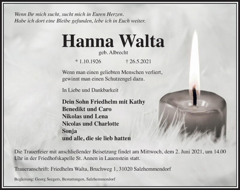  Traueranzeige für Hanna Walta vom 29.05.2021 aus Deister- und Weserzeitung