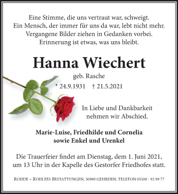 Traueranzeige von Hanna Wiechert von Neue Deister-Zeitung