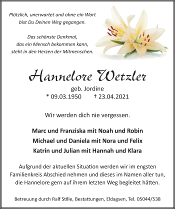 Traueranzeige von Hannelore Wetzler von Neue Deister-Zeitung