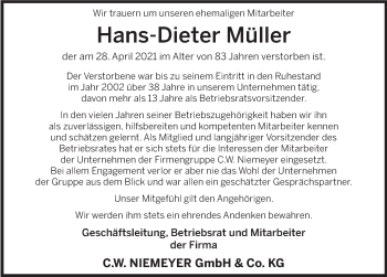 Traueranzeige von Hans-Dieter Müller von Deister- und Weserzeitung