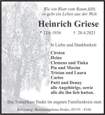 Traueranzeige von Heinrich Griese von Deister- und Weserzeitung