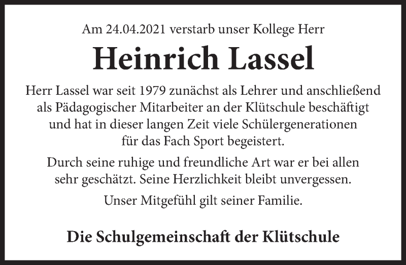  Traueranzeige für Heinrich Lassel vom 05.05.2021 aus Deister- und Weserzeitung