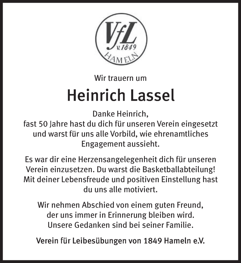  Traueranzeige für Heinrich Lassel vom 30.04.2021 aus Deister- und Weserzeitung