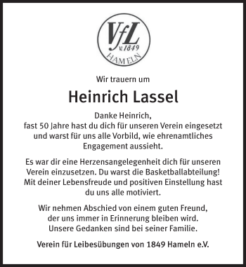Traueranzeige von Heinrich Lassel von Deister- und Weserzeitung