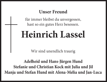 Traueranzeige von Heinrich Lassel von Deister- und Weserzeitung