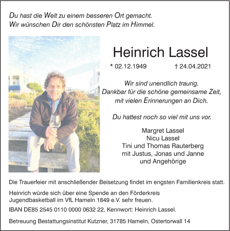  Traueranzeige für Heinrich Lassel vom 30.04.2021 aus Deister- und Weserzeitung