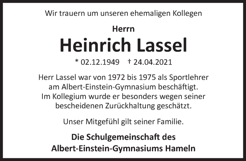 Traueranzeige für Heinrich Lassel vom 05.05.2021 aus Deister- und Weserzeitung