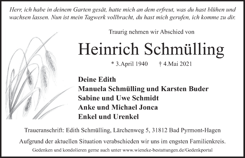 Traueranzeige für Heinrich Schmülling vom 08.05.2021 aus Deister- und Weserzeitung