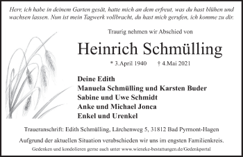 Traueranzeige von Heinrich Schmülling von Deister- und Weserzeitung