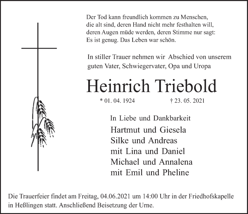  Traueranzeige für Heinrich Triebold vom 29.05.2021 aus Deister- und Weserzeitung