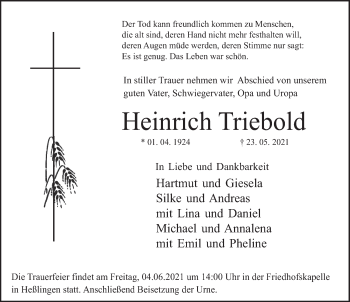 Traueranzeige von Heinrich Triebold von Deister- und Weserzeitung