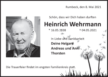 Traueranzeige von Heinrich Wehrmann von Deister- und Weserzeitung