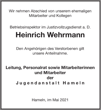 Traueranzeige von Heinrich Wehrmann von Deister- und Weserzeitung
