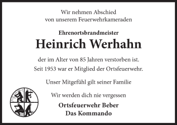 Traueranzeige von Heinrich Werhahn von Neue Deister-Zeitung