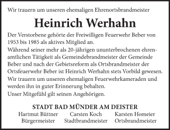 Traueranzeige von Heinrich Werhahn von Neue Deister-Zeitung