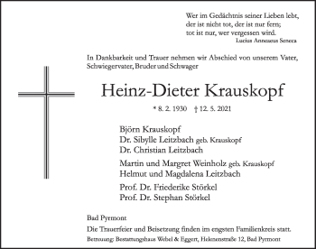 Traueranzeige von Heinz-Dieter Krauskopf von Deister- und Weserzeitung