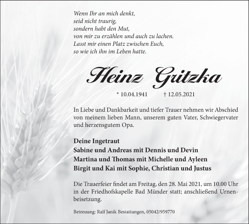  Traueranzeige für Heinz Gritzka vom 25.05.2021 aus Neue Deister-Zeitung