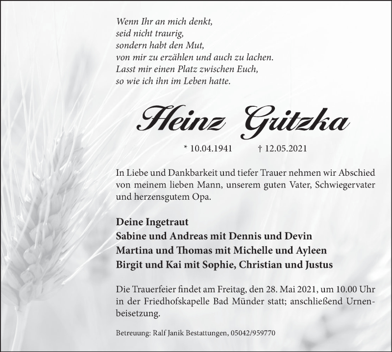  Traueranzeige für Heinz Gritzka vom 25.05.2021 aus Deister- und Weserzeitung