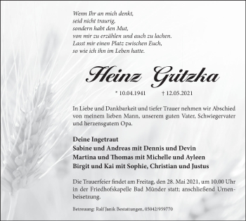 Traueranzeige von Heinz Gritzka von Deister- und Weserzeitung