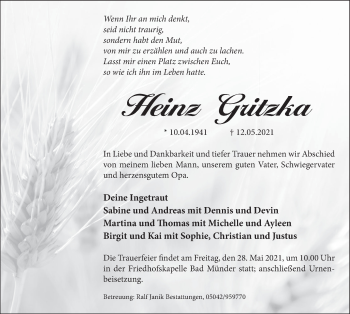 Traueranzeige von Heinz Gritzka von Neue Deister-Zeitung