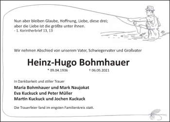Traueranzeige von Heinz-Hugo Bohmhauer von Deister- und Weserzeitung