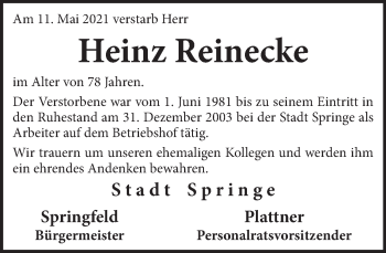 Traueranzeige von Heinz Reinecke von Neue Deister-Zeitung