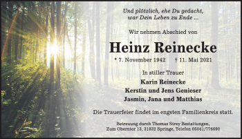 Traueranzeige von Heinz Reinecke von Neue Deister-Zeitung
