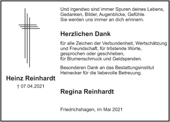 Traueranzeige von Heinz Reinhardt von Deister- und Weserzeitung