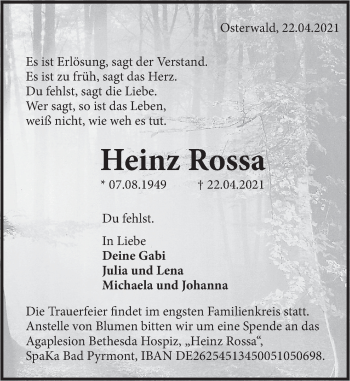 Traueranzeige von Heinz Rossa von Deister- und Weserzeitung