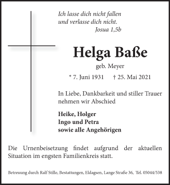 Traueranzeige von Helga Baße von Neue Deister-Zeitung