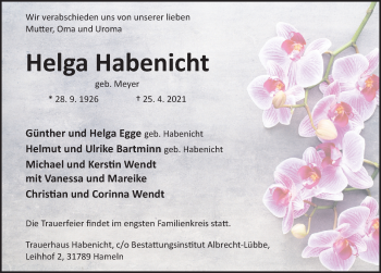 Traueranzeige von Helga Habenicht von Deister- und Weserzeitung