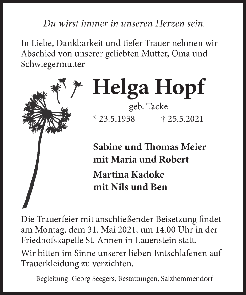  Traueranzeige für Helga Hopf vom 29.05.2021 aus Deister- und Weserzeitung