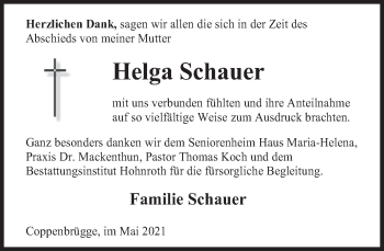 Traueranzeige von Helga Schauer von Deister- und Weserzeitung