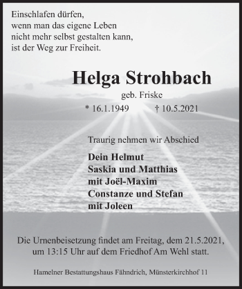Traueranzeige von Helga Strohbach von Deister- und Weserzeitung