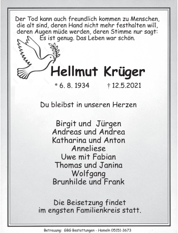 Traueranzeige von Hellmut Krüger von Deister- und Weserzeitung