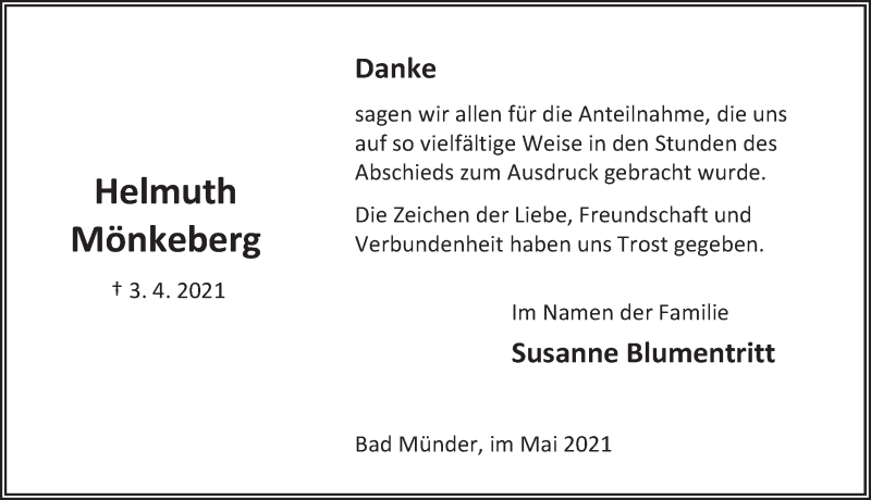  Traueranzeige für Helmuth Mönkeberg vom 08.05.2021 aus Deister- und Weserzeitung
