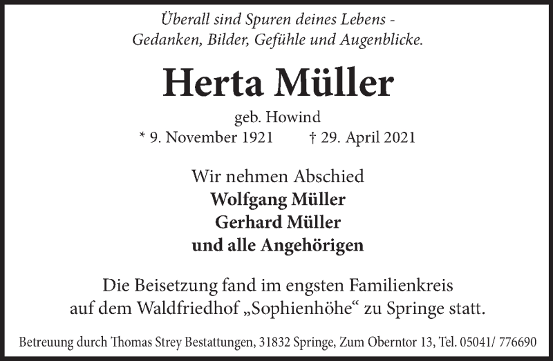 Traueranzeige für Herta Müller vom 22.05.2021 aus Neue Deister-Zeitung