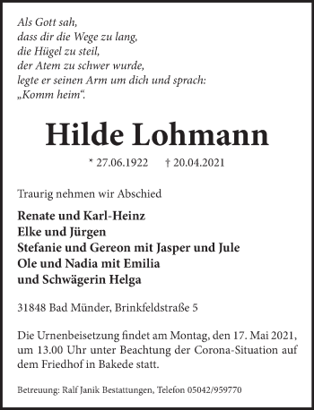 Traueranzeige von Hilde Lohmann von Neue Deister-Zeitung