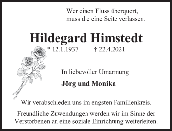 Traueranzeige von Hildegard Himstedt von Deister- und Weserzeitung