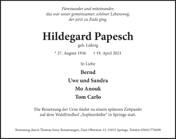 Traueranzeige von Hildegard Papesch von Neue Deister-Zeitung