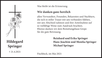 Traueranzeige von Hildegard Springer von Deister- und Weserzeitung