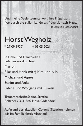 Traueranzeige von Horst Wegholz von Deister- und Weserzeitung