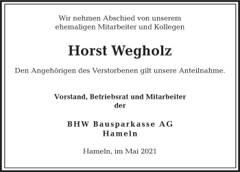 Traueranzeige von Horst Wegholz von Deister- und Weserzeitung